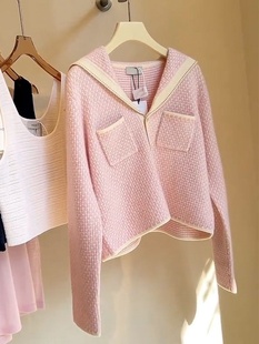 粉色海军领毛衣2023秋冬短款小香风针织，开衫外套女小个子