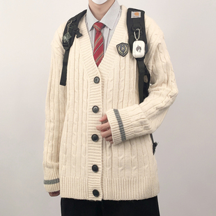 木村叔dK日系白色开衫毛衣外套男士青少年学生制服内搭V领针织衫