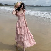 仙女度假风雪纺碎花连衣裙粉色荷叶边蛋糕裙海边旅游吊带沙滩裙夏