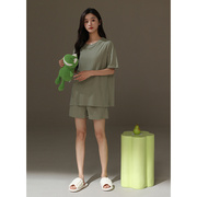 2024年睡衣女夏季纯棉宽松圆领短袖短裤浅绿条纹可外穿家居服