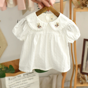 女童衬衣纯棉夏装2023宝宝衬衫，娃娃领短袖，打底衫洋气婴儿小衫