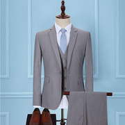 浅灰色男士西服套装，韩版修身三件套商务，休闲职业正装新郎结婚礼服