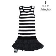 FAIRYFAIR品牌黑白条纹中长毛线拼接性感蛋糕裙连衣裙无袖春