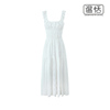 法式浪漫荷叶边方领刺绣，开叉白色连衣裙，女度假风露背长裙