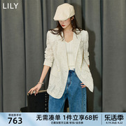 lily2024夏女装(夏女装)浪漫镂空蕾丝都市复古双排扣气质休闲西装外套