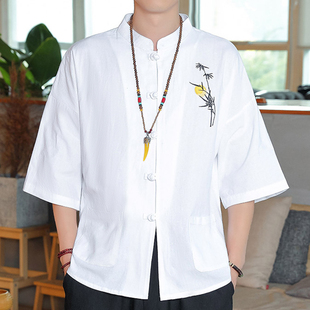 中国风棉麻男衬衫，复古风唐装夏季新中式，立领中山亚麻短袖半袖上衣