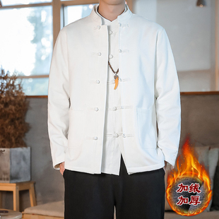 中国风唐装加绒加厚外套男秋冬季白色，长袖衬衫潮牌大码中山装夹克