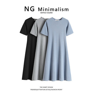 ngminimalism连衣裙2021收腰显瘦气质法式长裙，女夏季短袖t恤裙子