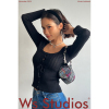 ws studios 欧美风U领单排扣镂空针织开衫系带修身显瘦黑色上衣女