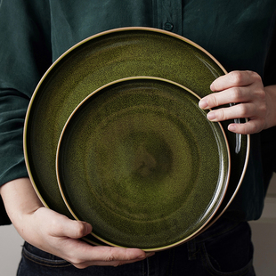 陶瓷盘子复古牛排盘家用大圆盘绿色沙拉盘日式寿司浅盘西餐意面盘