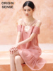 减龄公主粉色露肩珍珠装饰吊带性感直筒版型遮肚子短袖超短连衣裙