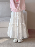 木西童品2024春韩国版女童白色皱纱蕾丝半身长裙女宝宝蛋糕公主裙