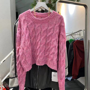 圆领镂空麻花编织慵懒长袖，粉色毛衣女(毛衣女，)秋装套头洋气宽松针织衫2022