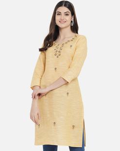印度服饰女刺绣民族风上衣，中长款七分袖日常服薄款棉麻黄色