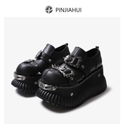 pinjiahui原创设计暗黑系骷颅头厚底松糕9cm朋克，鞋y2k辣妹乐福鞋