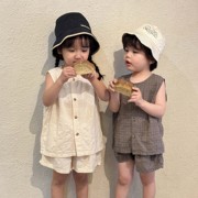 砂洗棉~日系韩范儿童，夏季套装男女童，棉麻薄款宝宝背心+短裤两件套