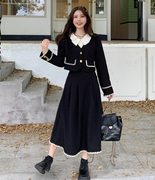 大码胖mm秋季法式赫本风两件套拼色假两件上衣高腰半身裙时尚套装