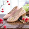 茶艺禅服鞋旗袍鞋春季中年方跟绣花布鞋中跟绿色粉红色汉服鞋尖头