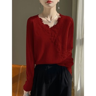 捡漏~软糯红色羊毛针织衫，女v领宽松打底衫，蕾丝设计感洋气上衣