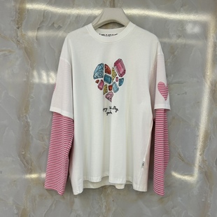 高品质小众潮牌2024春季女装粉红色条纹拼接长袖爱心宽松T恤