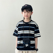 日系男童复古撞色条纹短袖T恤夏季山系潮流街头纯棉柔软宽松体恤