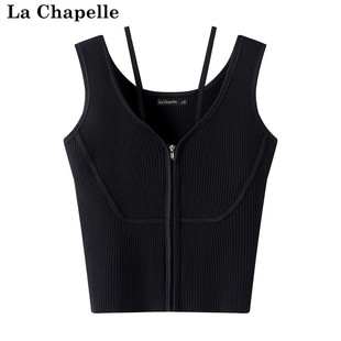 拉夏贝尔/La Chapelle黑色吊带背心女夏季外穿打底衫辣妹短袖上衣