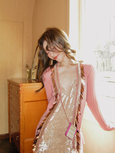 SMOL 粉色针织外套女薄款秋装设计感亮片上衣修身长袖小开衫