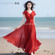 红色连衣裙雪纺短袖，夏季御姐气质高级感长款裙子海边度假长裙