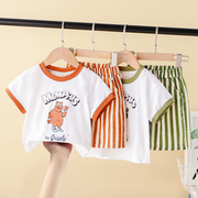 儿童纯棉套装夏季薄款男童卡通条纹，短袖1男宝宝，婴儿洋气t恤夏装潮