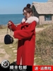 2023新年红色毛呢外套，女冬季今年流行宽松连帽中长款斗篷大衣