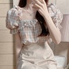 韩国chic夏季法式小众设计感荷叶，边拼接方领灯笼袖短款格子衬衫女