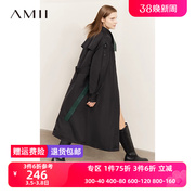 amii2023年冬立领撞色拼接配腰带风衣式羽绒服女黑色长款外套