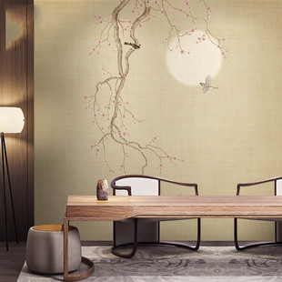 现代中式意境淡雅花鸟电视沙发背景，墙纸3d影视墙壁布客厅茶室壁纸