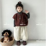 女童秋装套装2023韩系女宝宝高领打底衫短袖坎肩灯笼裤三件套