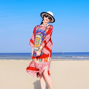 2023波西米亚长裙红色印花沙滩裙大码显瘦海边度假连衣裙女夏