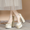 仙女风白色防水台缎面，超高跟鞋粗跟绝美婚鞋日常可穿法式包头单鞋