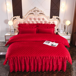 红色韩版水晶绒蕾丝，床裙四件套冬天床罩夹棉绗缝加厚被套双面绒绒