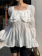 韩国chic仙气飘飘荷叶边方领喇叭袖设计感中长款雪纺长袖防晒衫女