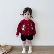 韩版童装女宝宝圆领手工绣花开衫，毛衣纯棉长袖婴幼儿针织毛线外套