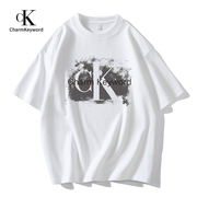 charmkeyword短袖男t恤2024美式夏季体恤，白色纯棉宽松上衣j