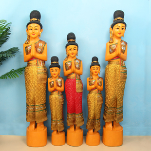 泰国迎宾侍女摆件，东南亚风格装饰品泰式木雕人偶，餐厅门口落地摆件