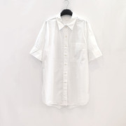 chun元出口单夏季翻领100全棉宽松中长款衬衫女简约白色短袖衬衣
