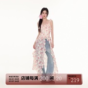 FPMZ 荷叶边吊带碎花不规则花边透视仙女长裙高开叉连衣裙吊带裙