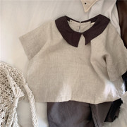 森系复古气质韩国儿童，蝴蝶领棉麻短袖娃娃衫，女童宽松苎麻衬衫