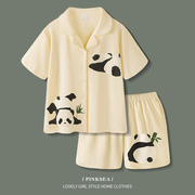 情侣睡衣女夏季薄款短袖短裤，套装可爱熊猫，家居服透气纯棉男士睡衣