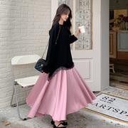 2023韩国法式复古甜美温柔高级感黑粉蕾丝拼接宽松连衣裙鱼尾长裙