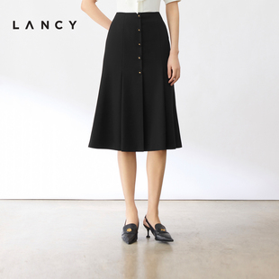 lancy朗姿2024夏季醋酸，黑色鱼尾半身裙，女高腰通勤高级感裙子