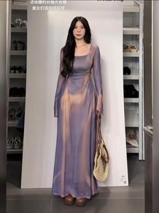 大码法式高级感显瘦紫色胖mm长袖连衣裙，女欧美气质裙子收腰长裙秋