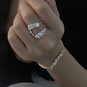 韩版s925银个性几何不规则，戒指女复古时尚，嘻哈夸张开口指环食指戒