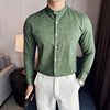 英伦亚麻衬衫男长袖，薄款潮流帅气修身休闲立领纯色衬衣c2402p68